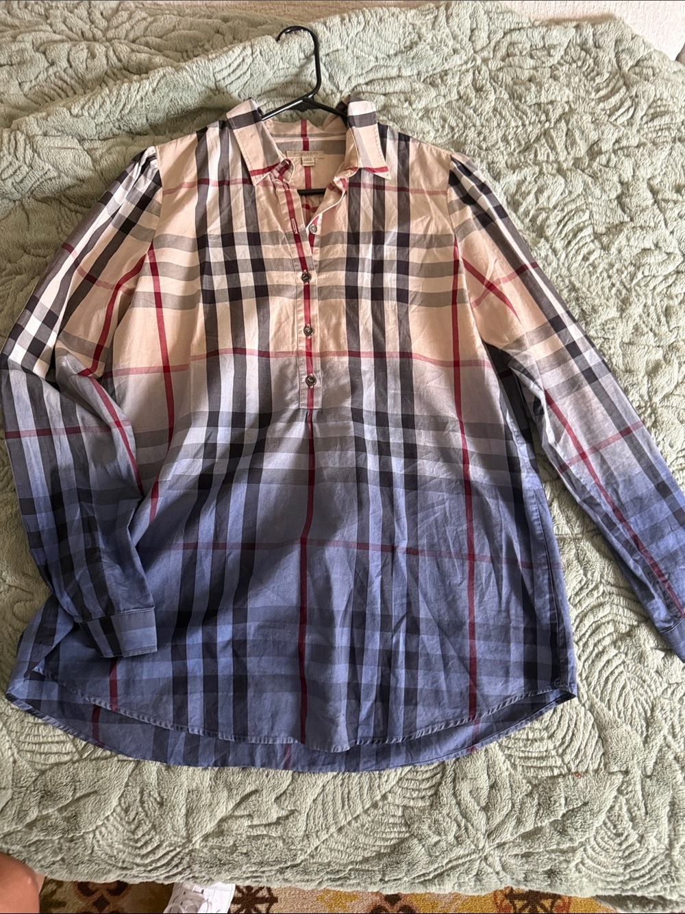 Burberry Cream, Gray & Red Plaid Button-Down Shirt